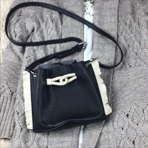 Crossbody Mini Black Fringe Trim Loop Vegan Faux